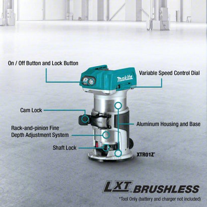 Cordless Compact Router: 18V LXT, Bare Tool, Fixed Base, 30,000 RPM, 1/4 in Collet, Palm Grip