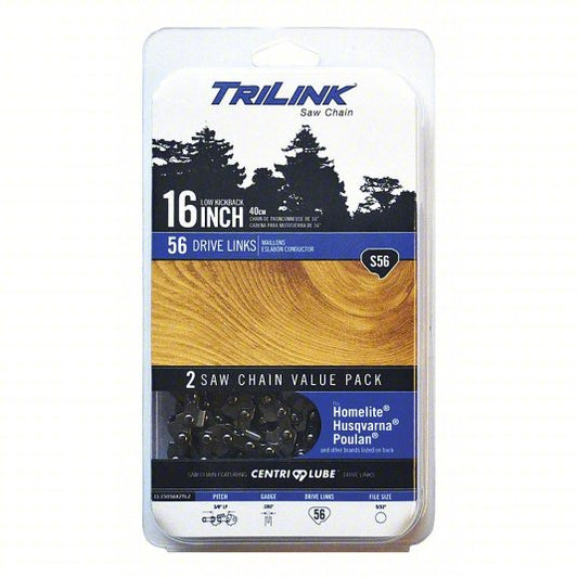 Chainsaw Chain: 16 in Compatible Bar Lg, 3/8 in, 0.05 in Gauge, 56 Links, 5/32 in File Size