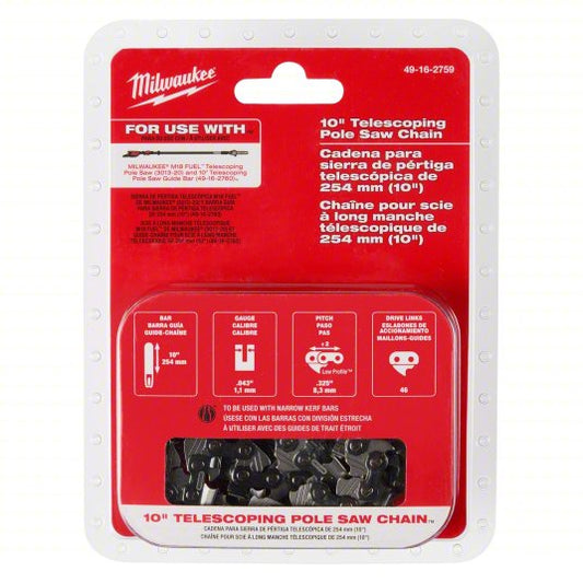 Pole Saw Chain: 10 in Compatible Bar Lg, 0.325 in, 0.04 in Gauge, 46 Links