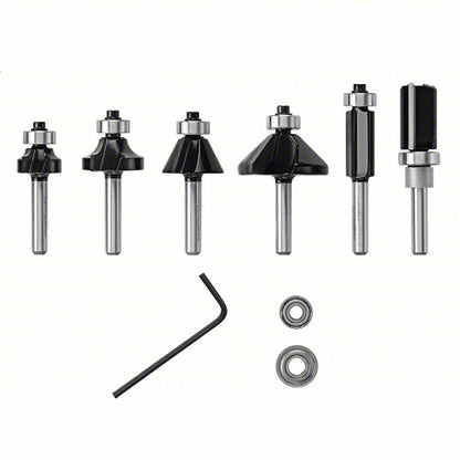 Router Bit Set: Fractional Inch, 6 Pieces, Bead/Bullnose/Chamfer/Cove