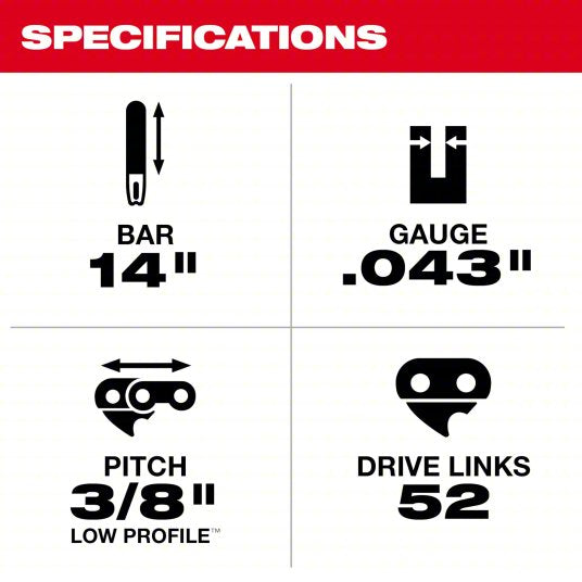 Guide Bar: 14 in Compatible Bar Lg, 3/8 in, 0.05 in Gauge, 52 Links