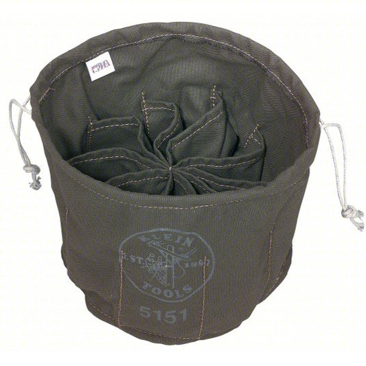 Bucket Bag: 11 in W x 6 in H, Olive, Canvas, 10 Pockets, Drawstring