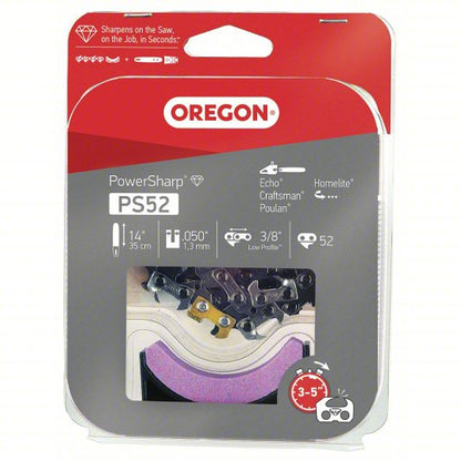 Chain With Sharpening Stone: 14 in Compatible Bar Lg, 3/8 in, 0.5 in Gauge, 52 Links