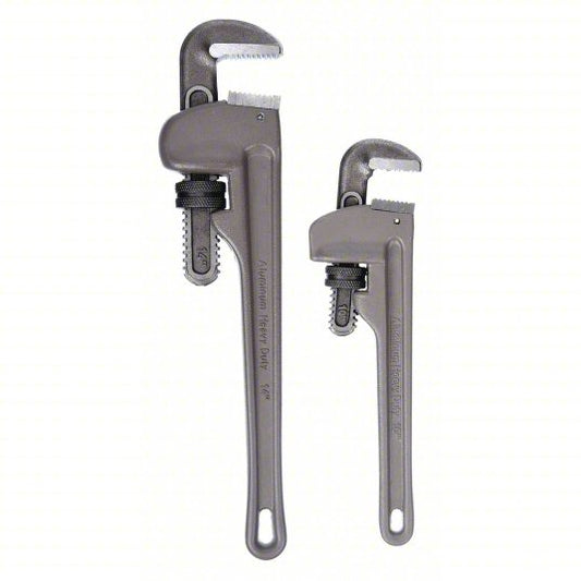 Aluminum Pipe Wrench Set, 1 1/2 in_2 in Jaw Capacity, Serrated, 10 in_14 in Overall Lg, I-Beam