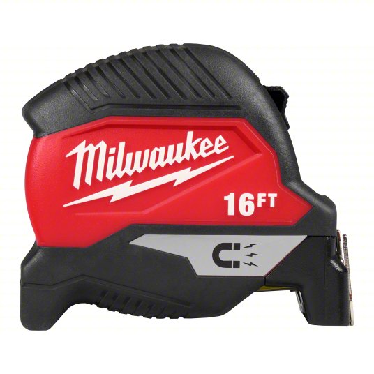 Magnetic Tape Measure: Inch, Magnetic Single Hook Tip, Plastic, 16 ft, 12 - 24 ft, 1/16 in