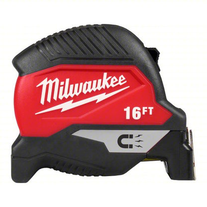 Magnetic Tape Measure: Inch, Magnetic Single Hook Tip, Plastic, 16 ft, 12 - 24 ft, 1/16 in