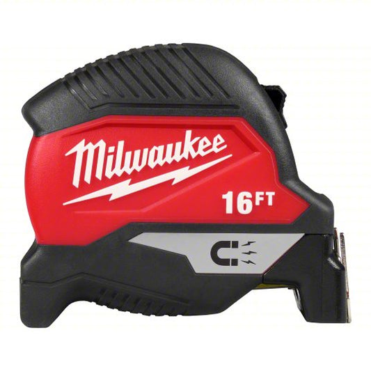 Magnetic Tape Measure: Inch, Magnetic Single Hook Tip, Plastic, 16 ft, 12 - 24 ft, 1/16 in