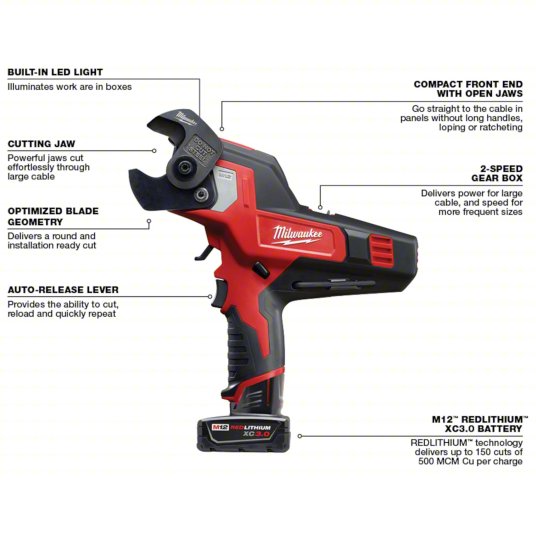 Cable Cutter: M12™, 1 3/16 in Comm Cable/600 MCM Copper/750 MCM Aluminum, C-Head