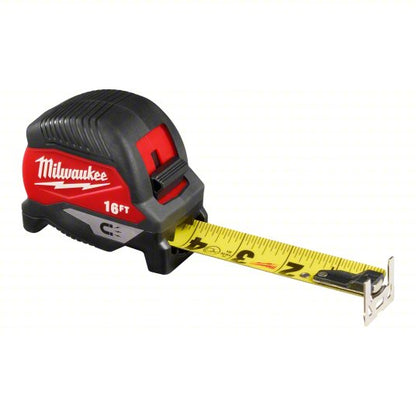 Magnetic Tape Measure: Inch, Magnetic Single Hook Tip, Plastic, 16 ft, 12 - 24 ft, 1/16 in