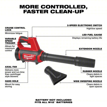 Battery-Powered Handheld Leaf Blower: M12™ REDLITHIUM™, 175 cfm Max. Air Flow, 2 Speeds