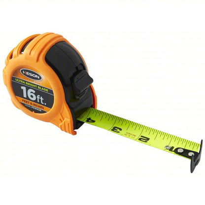 Tape Measure: Inch, Nonmagnetic Double Hook Tip, Plastic with Rubberized Grip, 16 ft, Black