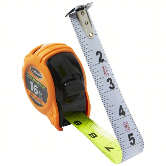 Tape Measure: Inch, Nonmagnetic Double Hook Tip, Plastic with Rubberized Grip, 16 ft, Black