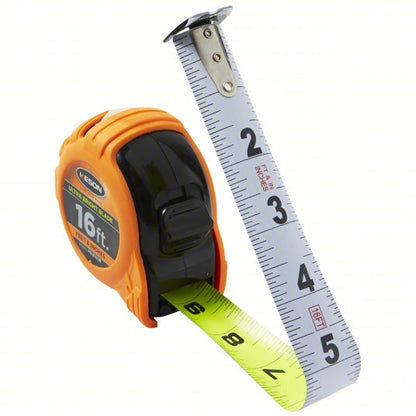 Tape Measure: Inch, Nonmagnetic Double Hook Tip, Plastic with Rubberized Grip, 16 ft, Black