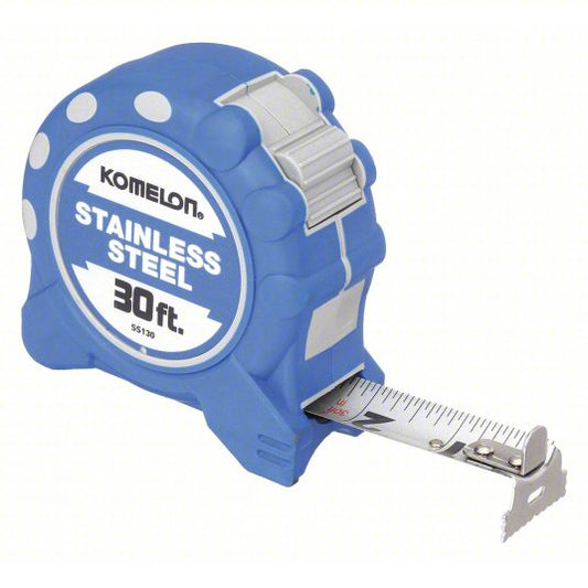 Tape Measure: Inch, Nonmagnetic Double Hook Tip, Plastic with Rubberized Grip, 30 ft, Blue