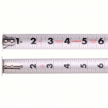 Tape Measure: Inch, Nonmagnetic Double Hook Tip, Plastic with Rubberized Grip, 30 ft, Blue