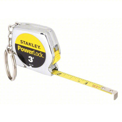 Key Chain Tape Measure: Inch, Nonmagnetic Single Hook Tip, Chromed Plastic, 3 ft, Silver
