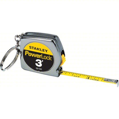 Key Chain Tape Measure: Inch, Nonmagnetic Single Hook Tip, Chromed Plastic, 3 ft, Silver