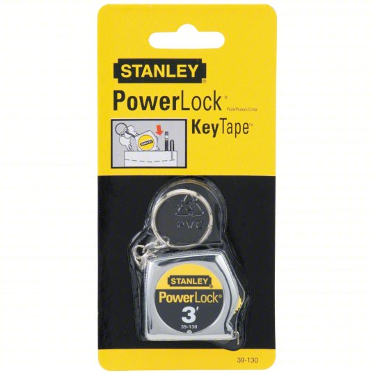 Key Chain Tape Measure: Inch, Nonmagnetic Single Hook Tip, Chromed Plastic, 3 ft, Silver