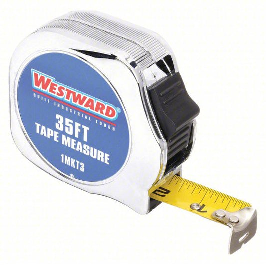 Tape Measure: Inch, Nonmagnetic Single Hook Tip, Chromed Plastic, 30 ft, Greater than 24 ft