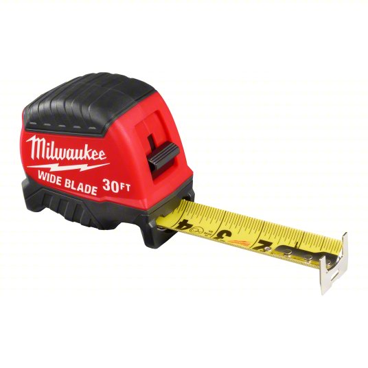 Wide Blade Tape Measure: Inch, Nonmagnetic Single Hook Tip, Metal/Stainless Steel, 1/16 in