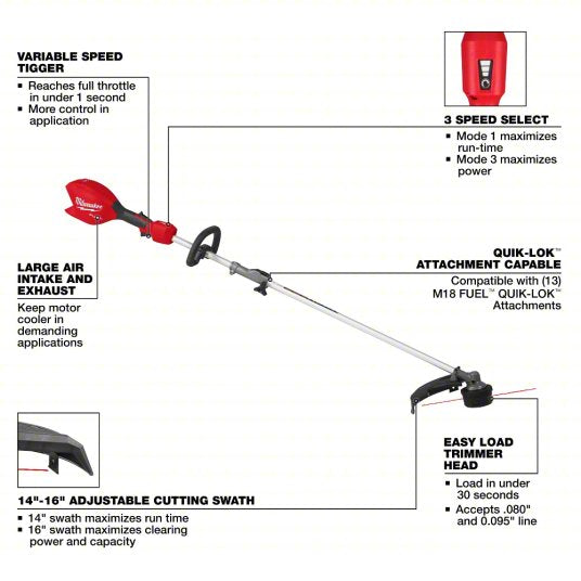 Battery-Powered String Trimmer: 16 in Cutting Wd, Straight Shaft, 70-1/2 in Shaft Lg