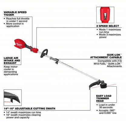 Battery-Powered String Trimmer: 16 in Cutting Wd, Straight Shaft, 70-1/2 in Shaft Lg