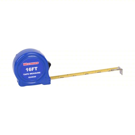 Tape Measure: Inch, Nonmagnetic Single Hook Tip, Plastic, 16 ft, 12 - 24 ft, Std Blade