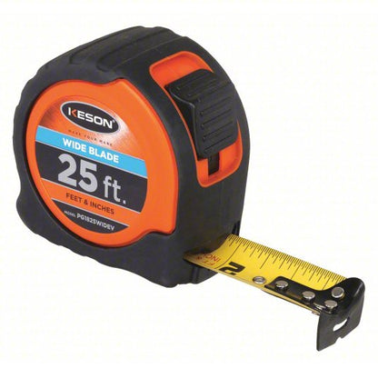 Tape Measure: Inch, Nonmagnetic Single Hook Tip, Plastic with Rubberized Grip, 25 ft, Black