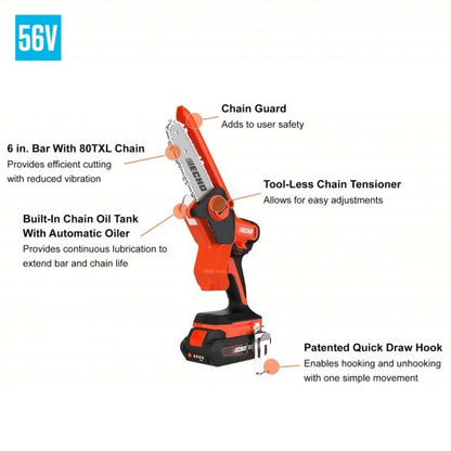 Battery-Powered Chainsaw Kit: 6 in Bar Lg, Auto Chain Oiler, 2.5 Ah Battery Capacity, 56 V