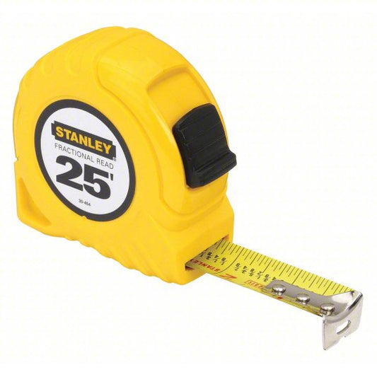 Tape Measure: Inch/Fractional-Read, Nonmagnetic Single Hook Tip, Plastic, 25 ft, Std Blade