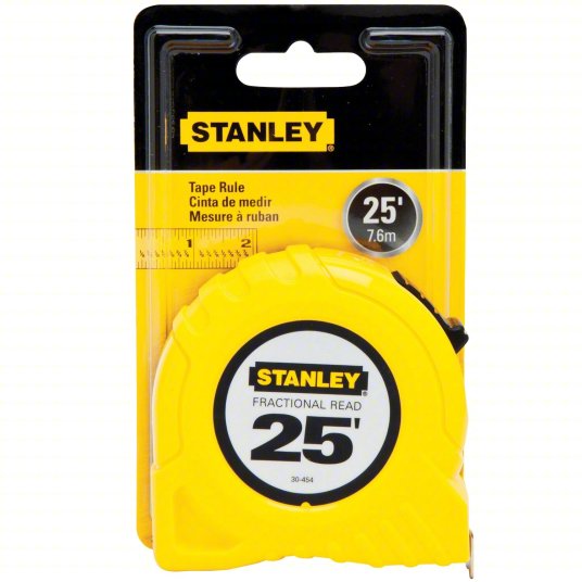 Tape Measure: Inch/Fractional-Read, Nonmagnetic Single Hook Tip, Plastic, 25 ft, Std Blade