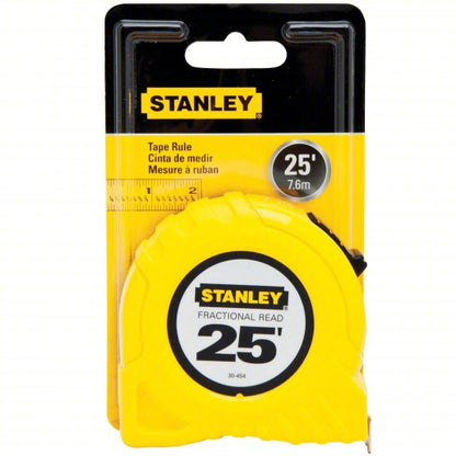 Tape Measure: Inch/Fractional-Read, Nonmagnetic Single Hook Tip, Plastic, 25 ft, Std Blade