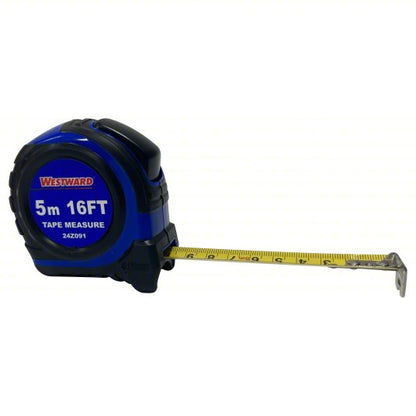 Tape Measure: Inch/Metric, Nonmagnetic Single Hook Tip, Plastic with Rubberized Grip, Auto