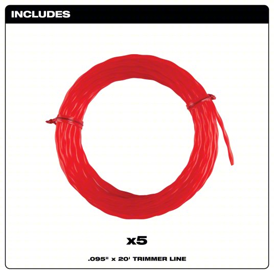 String Trimmer Line: High Density Polyethlyene, 0.095 in Dia, 20 ft Overall Lg, Red, 5 PK