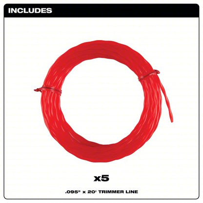 String Trimmer Line: High Density Polyethlyene, 0.095 in Dia, 20 ft Overall Lg, Red, 5 PK