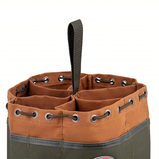 Bucket Bag: 10 in W x 6 1/2 in H x 10 in L, Brown, Canvas, 19 Pockets, Drawstring
