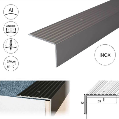 A32 65 x 42mm Anodised Aluminium Non Slip Ribbed Treads Stair Nosing Edge Trim