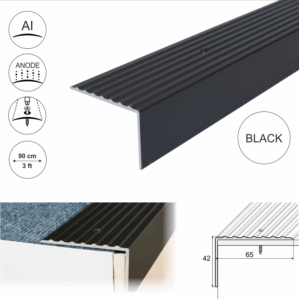 A32 65 x 42mm Anodised Aluminium Non Slip Ribbed Treads Stair Nosing Edge Trim