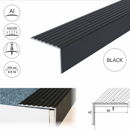 A32 65 x 42mm Anodised Aluminium Non Slip Ribbed Treads Stair Nosing Edge Trim