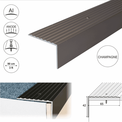 A32 65 x 42mm Anodised Aluminium Non Slip Ribbed Treads Stair Nosing Edge Trim