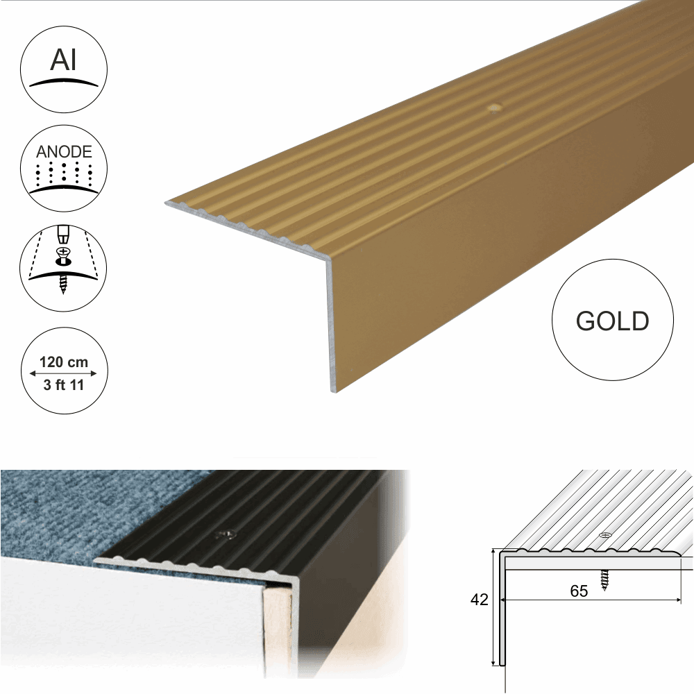 A32 65 x 42mm Anodised Aluminium Non Slip Ribbed Treads Stair Nosing Edge Trim