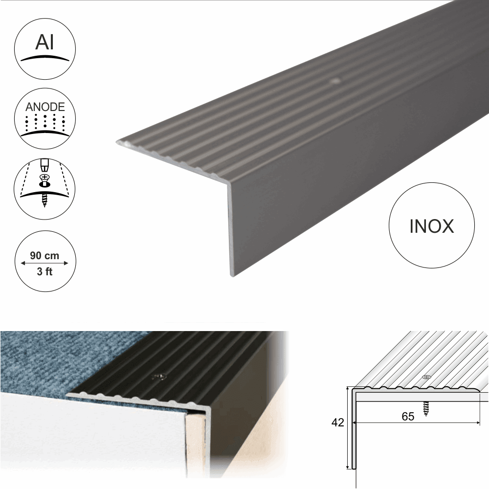 A32 65 x 42mm Anodised Aluminium Non Slip Ribbed Treads Stair Nosing Edge Trim