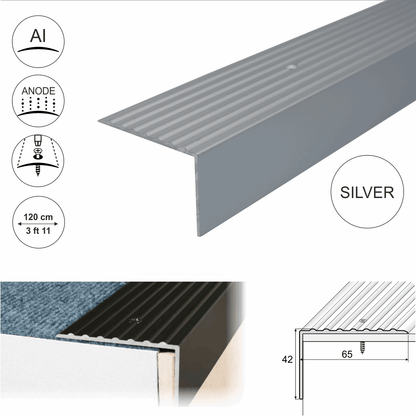 A32 65 x 42mm Anodised Aluminium Non Slip Ribbed Treads Stair Nosing Edge Trim