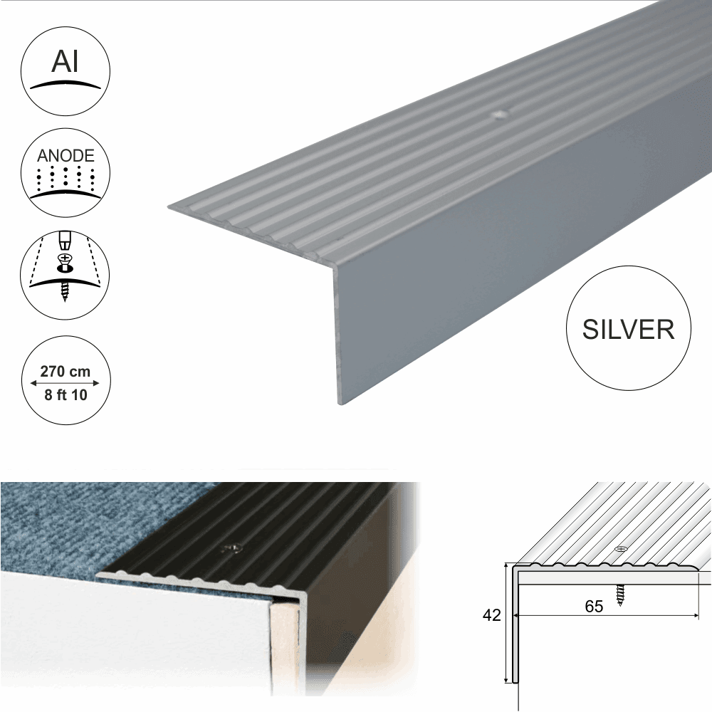 A32 65 x 42mm Anodised Aluminium Non Slip Ribbed Treads Stair Nosing Edge Trim