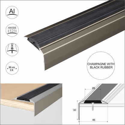 A38 46 x 30mm Anodised Aluminium Non Slip Rubber Stair Nosing Edge Trim