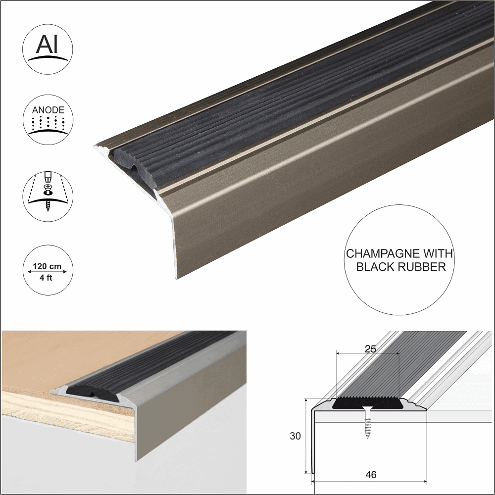 A38 46 x 30mm Anodised Aluminium Non Slip Rubber Stair Nosing Edge Trim