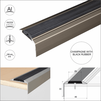 A38 46 x 30mm Anodised Aluminium Non Slip Rubber Stair Nosing Edge Trim