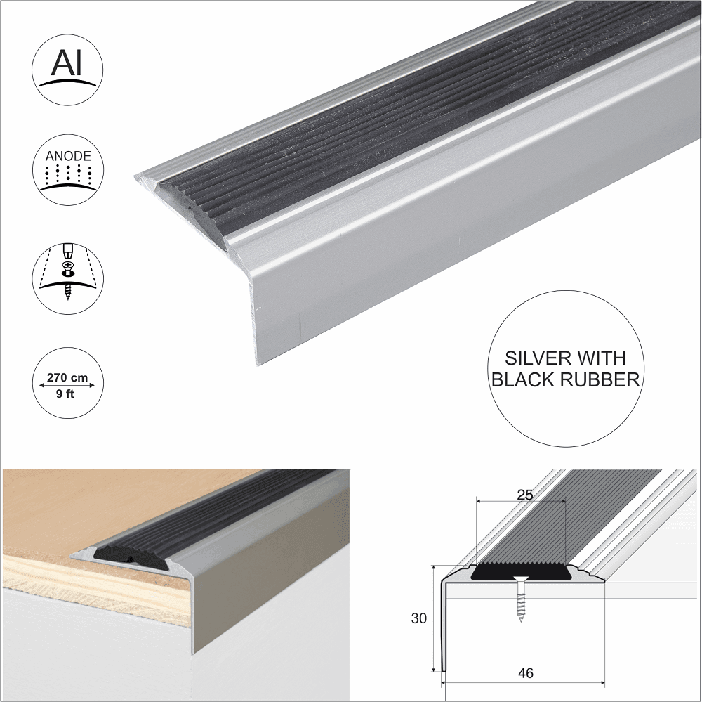 A38 46 x 30mm Anodised Aluminium Non Slip Rubber Stair Nosing Edge Trim