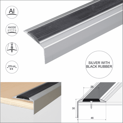 A38 46 x 30mm Anodised Aluminium Non Slip Rubber Stair Nosing Edge Trim