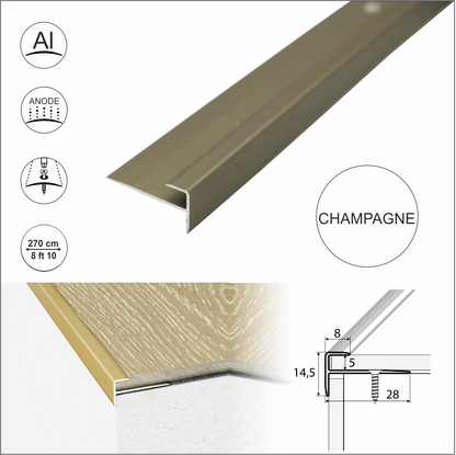 C24 28 x 14.5mm Anodised Aluminium LVT Stair nosing Edge Profile For 5mm Flooring